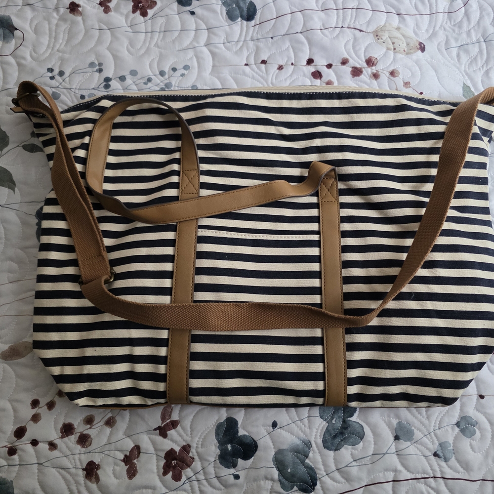Sonoma Striped Canvas Tote Bag with Tan Straps